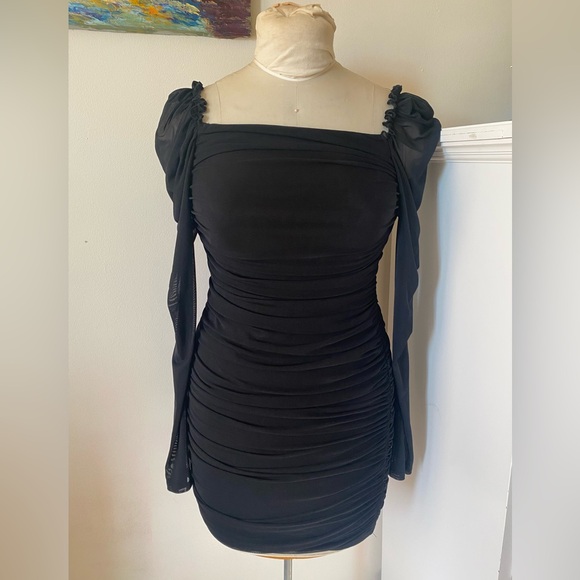 Black Frill Trim Gigot Sleeve Ruched Mesh Overlay Short Dress - Picture 6 of 8